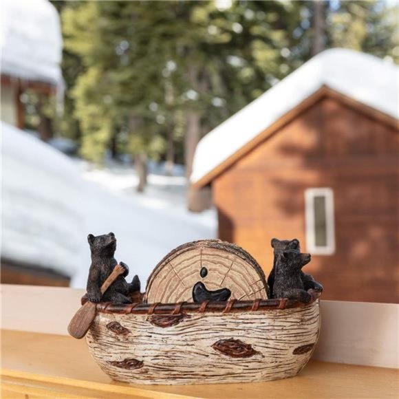 Bear Coasters Set – 6 Full Size Rustic Coasters in Handmade Canoe with Adorable - Picture 4 of 6